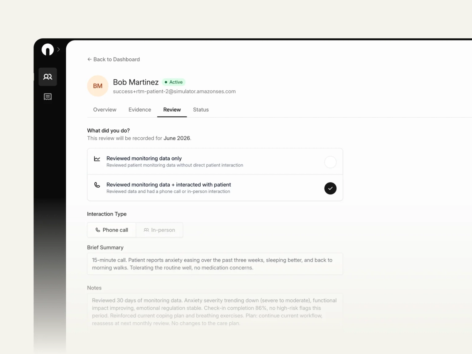Clinical review interface with timer and patient evidence